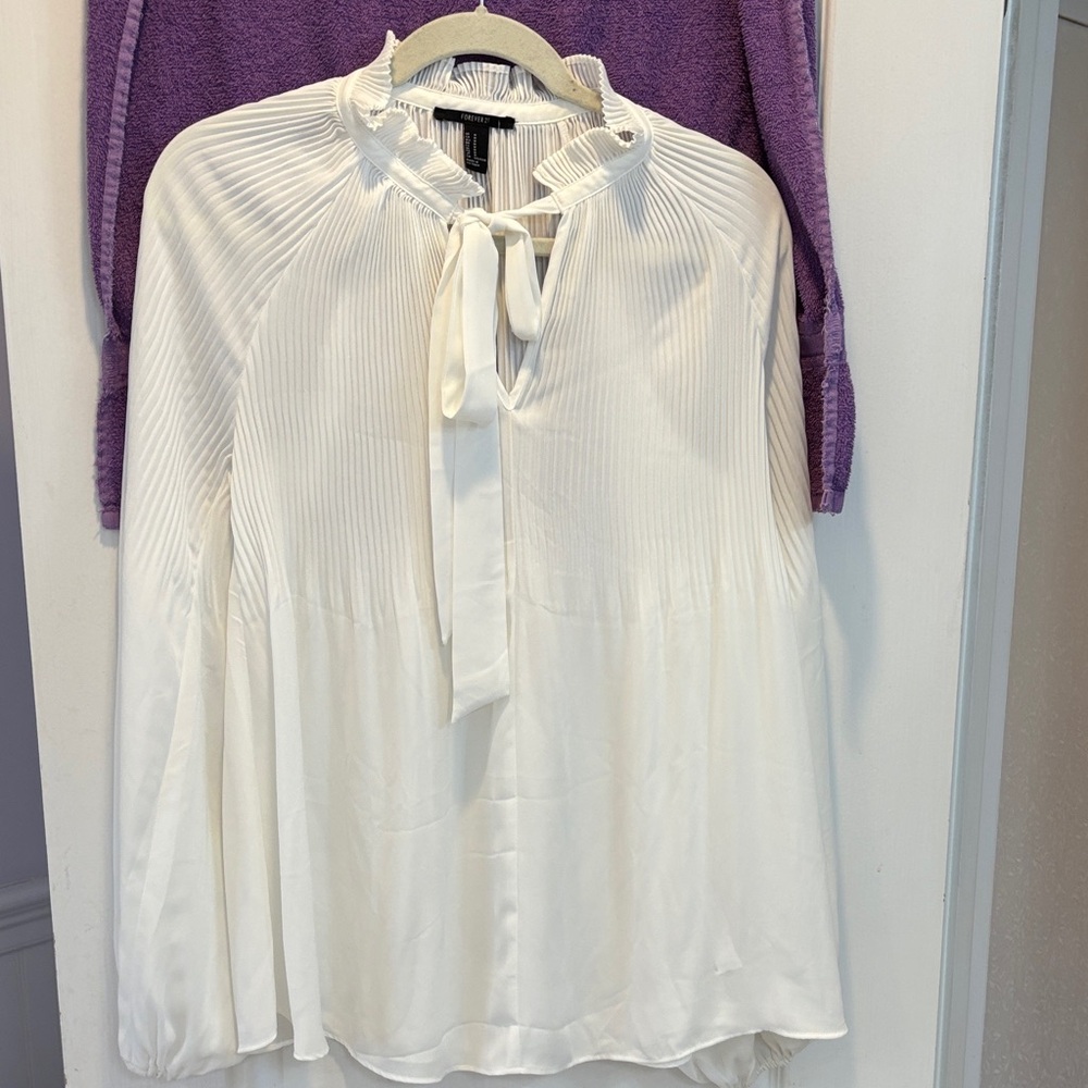 NWT Forever 21 Cream Tie-Neck Blouse See Through
